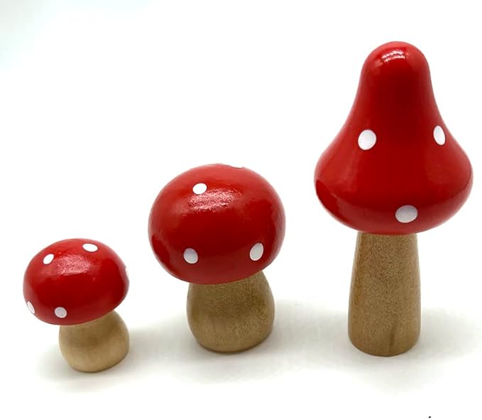 Aliotech 3Pcs Mini Mushrooms Miniature Figurines Wooden Mushrooms Fairy Garden Accessories for Micro Landscape Miniature Garden Flower Pots Bonsai Craft Decoration(Red)