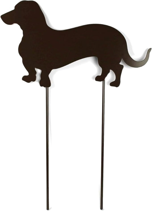 Pets and Farm Animals Metal Garden Landscape Stake (15" Wide Wiener Dog on Two Short Stakes, Gloss Brown)