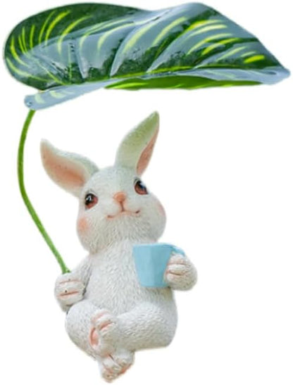 A Waterproof Resin Animal Decorative Statue in The Little Rabbit Garden with an Umbrella Sitting Upright (White)