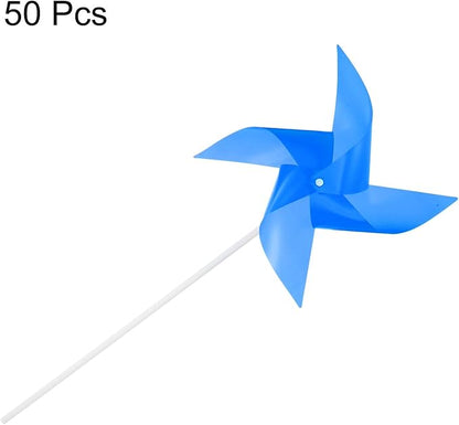 HARFINGTON 50pcs Windmills for The Yard Garden 15" x 7.5" 4 Leaves Pinwheels Wind Mills Spinners Windproof Waterproof Bird Devices with Stakes for Patio Decor, Dark Blue