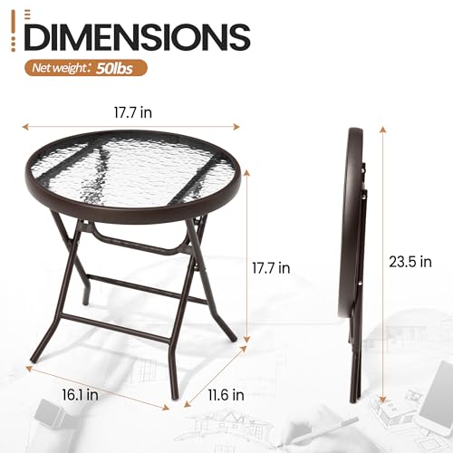 Foldable Side Table with Tempered Glass Top, Brown