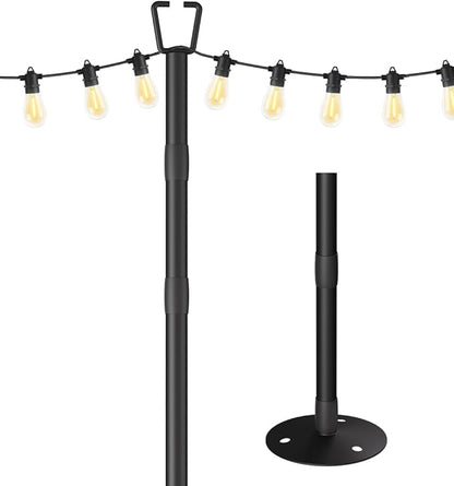 10FT String Light Poles for Outdoor Decor, Sturdy Light Pole with Hard Ground Base, Adjustable Metal Posts for Outside Patio, Backyard, Deck, Garden, Party, Wedding