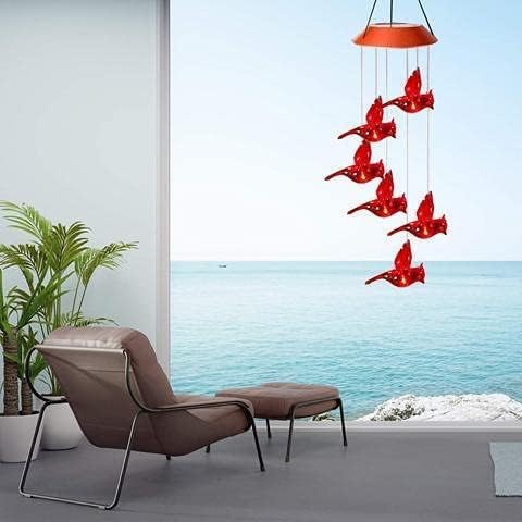 Solar Cardinal Red Bird Wind Chime, Solar-Powered Mobile Hanging Patio Lights with 6 Vivid Hummingbirds，Multi-Color Changing LED Garden Decoration for Home Party Night Garden Decoration