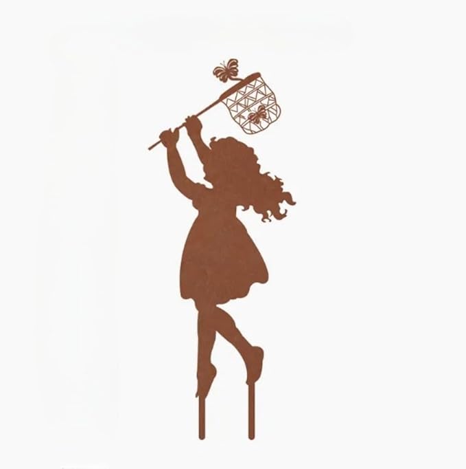 Metal Garden Sculpture Boy Girl Art Silhouette Garden Decor Stakes Iron Outdoor Statues Halloween Yard Decoration (Girl-Small)