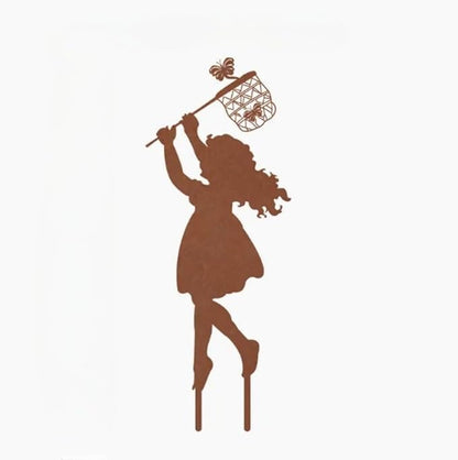 Metal Garden Sculpture Boy Girl Art Silhouette Garden Decor Stakes Iron Outdoor Statues Halloween Yard Decoration (Girl-Small)