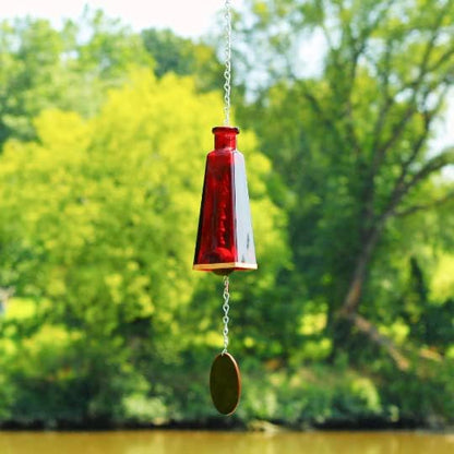 Blue Ridge Mountain Gifts Pyramid Bottle Wind Chime for Garden & Porch Decor w/Cooper Accent, Stained Wooden Ball, & Colorful Glass Bottles - Ideal for Wind Chime Lovers (Red)
