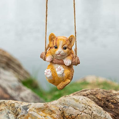 HYFAN Resin Cute Swing Small Cat Sculpture Outdoor Garden Home Office Room Hanging Decor Statue Figurine Pet Ornament Decoration with String (Orange)