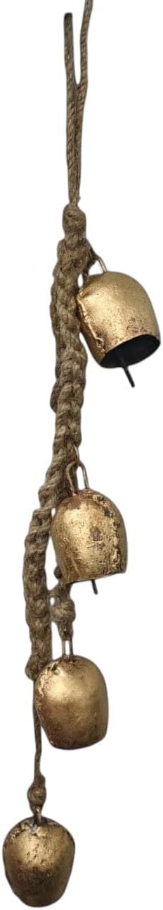 Mango Gifts Rustic Iron Barn Bell Wind Chimes with Rope, 4 Vintage Shabby Chic Hanging Bells for Boho Farmhouse Home Decor AMD Decorative Metal Wind Chime for Porch, Patio & Garden – 45 cm Height