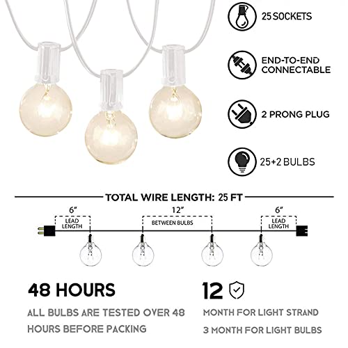 Outdoor String Lights - 25FT White Waterproof