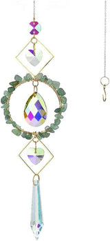 Crystal Suncatchers Window Hanging Wind Chime Natural Fluorite Amethyst Pendant Ornament,for Home, Garden Tree Plants, and Meditation Decor (Green)