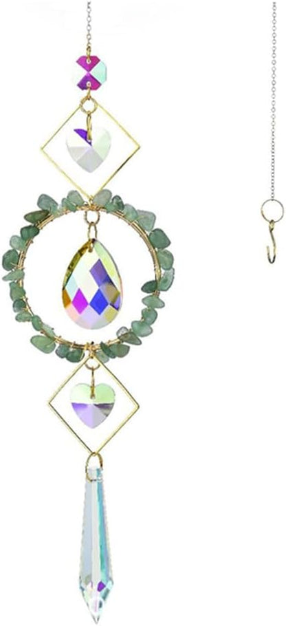 Crystal Suncatchers Window Hanging Wind Chime Natural Fluorite Amethyst Pendant Ornament,for Home, Garden Tree Plants, and Meditation Decor (Green)