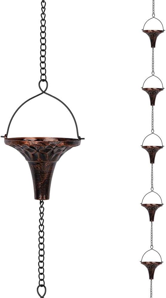 9.7ft Rain Chains for Outside, 10-Cup Rain Chain Replacement Downspout for Gutters,Eaves, Drainage, Adjustable Length(Brown)