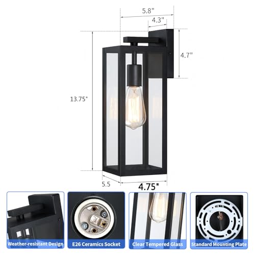Outdoor Wall Lantern - Matte Black, Clear Glass, 2 Pack
