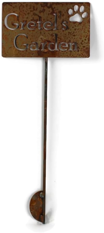 Classic Metal Garden Markers Clearance Items 20 to 33 Inches Tall (Gretel with paw print 21", Naturally Rusted)