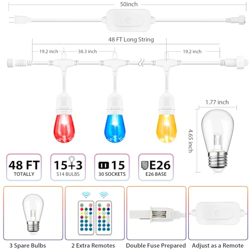 LED Patio String Lights 48FT Multicolor with Remote