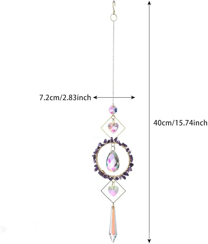 Crystal Suncatchers Window Hanging Wind Chime Natural Fluorite Amethyst Pendant Ornament,for Home, Garden Tree Plants, and Meditation Decor (Purple)
