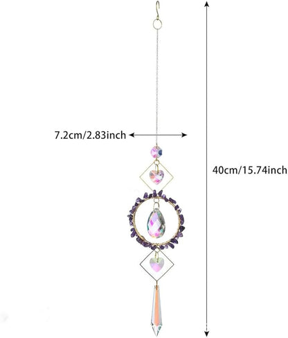 Crystal Suncatchers Window Hanging Wind Chime Natural Fluorite Amethyst Pendant Ornament,for Home, Garden Tree Plants, and Meditation Decor (Purple)