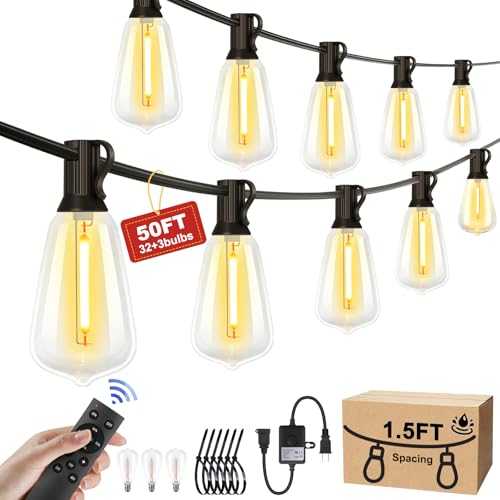 Outdoor String Lights 50FT 32 Bulbs - Dimmable Remote Control