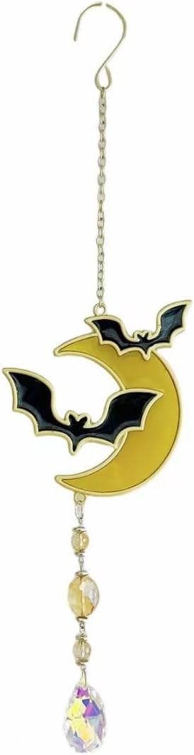 Halloween Themed Wind Chime Iron Made Chost Decoration Creative Designed Bat Decoration Halloween Holiday Festival Hanging Decor-Bat(Crystal)