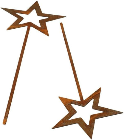 Rusty Star Garden Decor for Outdoor Courtyard and Flower Pot, Iron for Art Stake with Natural Rust Finish, 2-Pack, 250x90mm