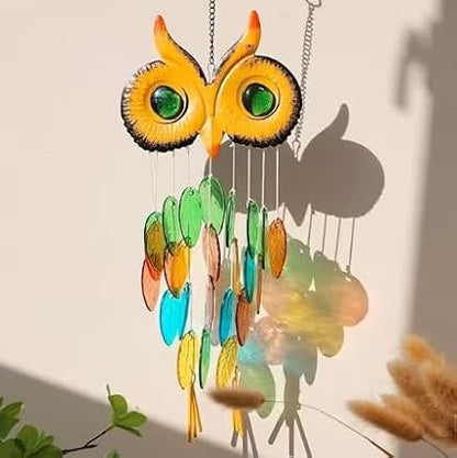 HOTIYOK Stained Glass Owl Wind Chime Suncatchers, Handcrafted Metal & Glass Wind Chimes for Outside, Unique Hanging Garden Decor for Patio Porch Yard Outdoor, Mother’s Day Birthday Gift for Women Mom