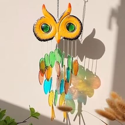 HOTIYOK Stained Glass Owl Wind Chime Suncatchers, Handcrafted Metal & Glass Wind Chimes for Outside, Unique Hanging Garden Decor for Patio Porch Yard Outdoor, Mother’s Day Birthday Gift for Women Mom