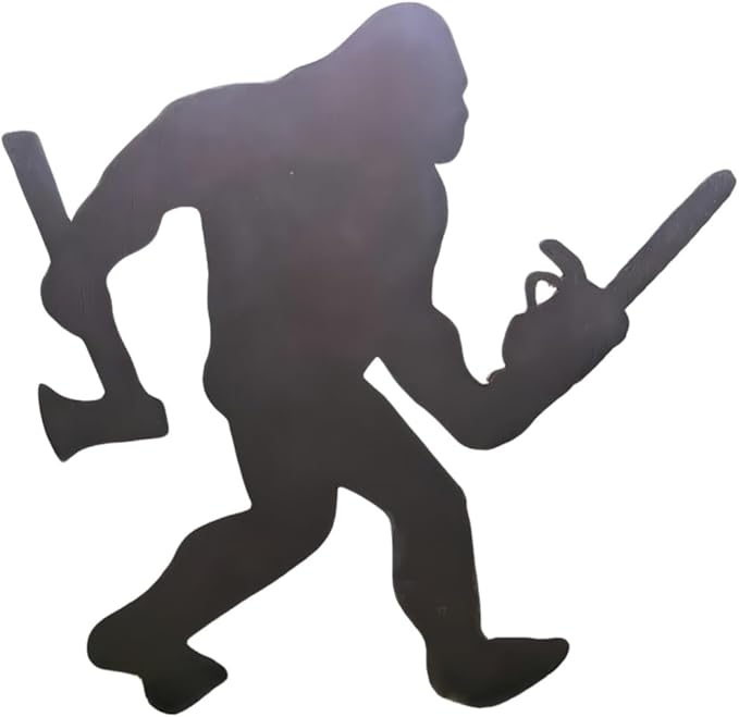 2025 Funny Bigfoot Garden Stake Metal Sign Art Yard Animal Decoration, Various Metal Sasquatch Black Big Foot Sculpture Outdoor Silhouette Statues for Garden Yard Patio Lawn (Chain Saw Ax)
