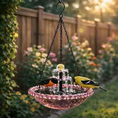 Solar Powered Hanging Bird Bath Fountain, Glass Bowl Solar Water Fountain for Outdoor Garden (Pink)