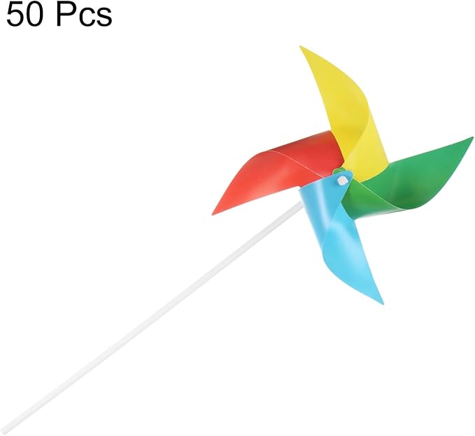 HARFINGTON 50pcs Windmills for The Yard Garden 15" x 7.5" 4 Leaves Pinwheels Wind Mills Spinners Windproof Waterproof Bird Devices with Stakes for Patio Decor, Iridescent