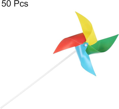 HARFINGTON 50pcs Windmills for The Yard Garden 15" x 7.5" 4 Leaves Pinwheels Wind Mills Spinners Windproof Waterproof Bird Devices with Stakes for Patio Decor, Iridescent
