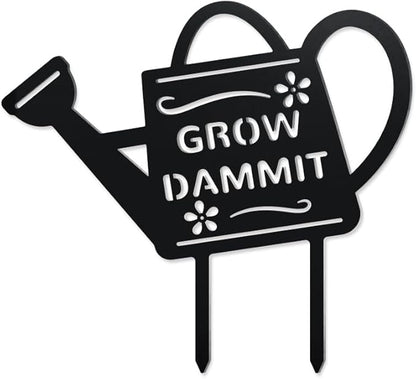 WADORN Grow Dammit Metal Outdoor Statues Silhouette, Funny Watering Can Metal Decorative Garden Stakes Rustic Silhouette Ornament Gift Funny Outdoor Decor for Backyard Patio Lawn Walkways Outdoor