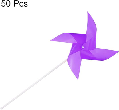HARFINGTON 50pcs Windmills for The Yard Garden 15" x 7.5" 4 Leaves Pinwheels Wind Mills Spinners Windproof Waterproof Bird Devices with Stakes for Patio Decor, Purple