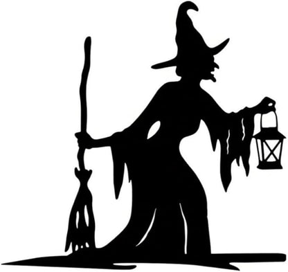Witch Lantern on Branch Steel Silhouette Outdoor Decor Metal Wall Art Home Garden Yard Patio Outdoor Statue Stake Decor, Black