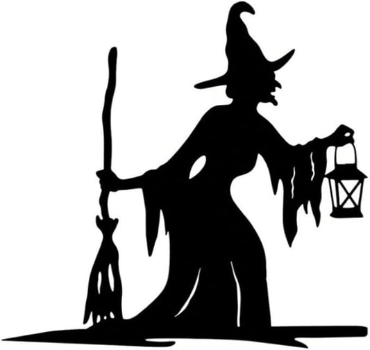 Witch Lantern on Branch Steel Silhouette Outdoor Decor Metal Wall Art Home Garden Yard Patio Outdoor Statue Stake Decor, Black