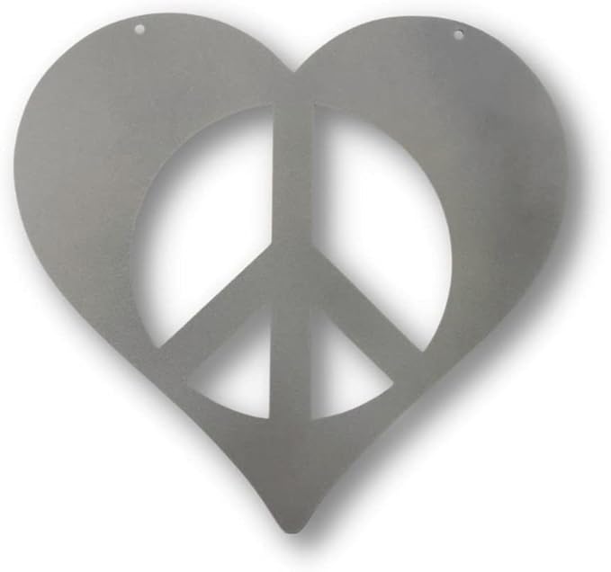 Peace and Heart Staked Signs or Wall Art Rustic or Powder Coated Finishes (Small Peace Heart Hanger 9", Dark Gray Metallic)