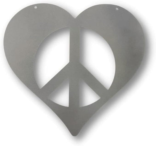 Peace and Heart Staked Signs or Wall Art Rustic or Powder Coated Finishes (Small Peace Heart Hanger 9", Dark Gray Metallic)