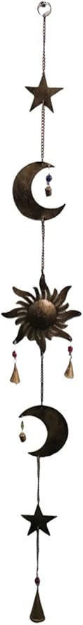 43 Inch Metal Sun Moon Star Wind Chime – Antique Bronze Celestial Wall Hanging with Bells – Handcrafted Boho Home & Garden Decor for Balcony, Patio, Porch, Entryway.
