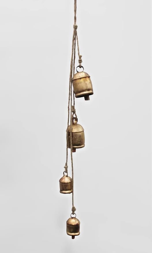 Mango Gifts Vintage Rustic Cow Bells Hanging Chimes with Jute Rope, Tranquil Wind Chimes for Garden Outdoor and Patio, Country Style Boho Theme Home Decor (MGT23)
