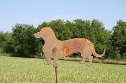 Pets and Farm Animals Metal Garden Landscape Stake (9.25" Wide Wiener Dog on Stake, Naturally Rusted)
