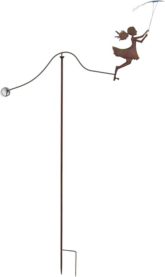 Metal Yard Balancer Garden Decorative Stakes 67", Rusty Treatment Iron Balancing Sculpture, Girl Flying Kite Balanced Stake, Present to Mother Sister Daughter as Park Lawn Patio Decor Art