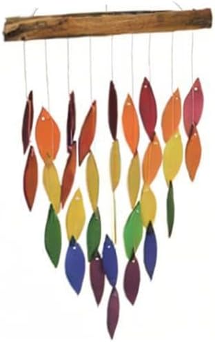 Blue Handworks Rainbow Waterfall Glass and Driftwood Chime, Sandblasted Glass and Found Wood Handcrafted Wind Chime