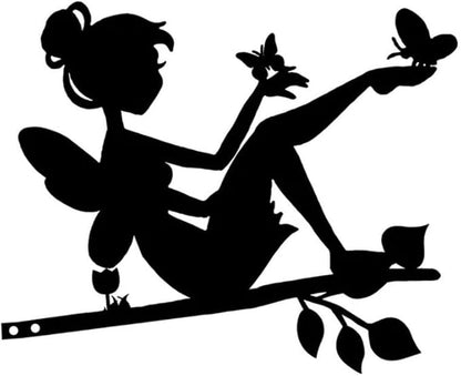 Tree On Branch Beauty Butterfly Fairy Steel Silhouette Metal Wall Art Home Garden Yard Patio Outdoor Statue Stake Decoration, Black