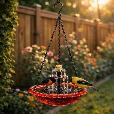 Solar Powered Hanging Bird Bath Fountain, Glass Bowl Solar Water Fountain for Outdoor Garden (Red)
