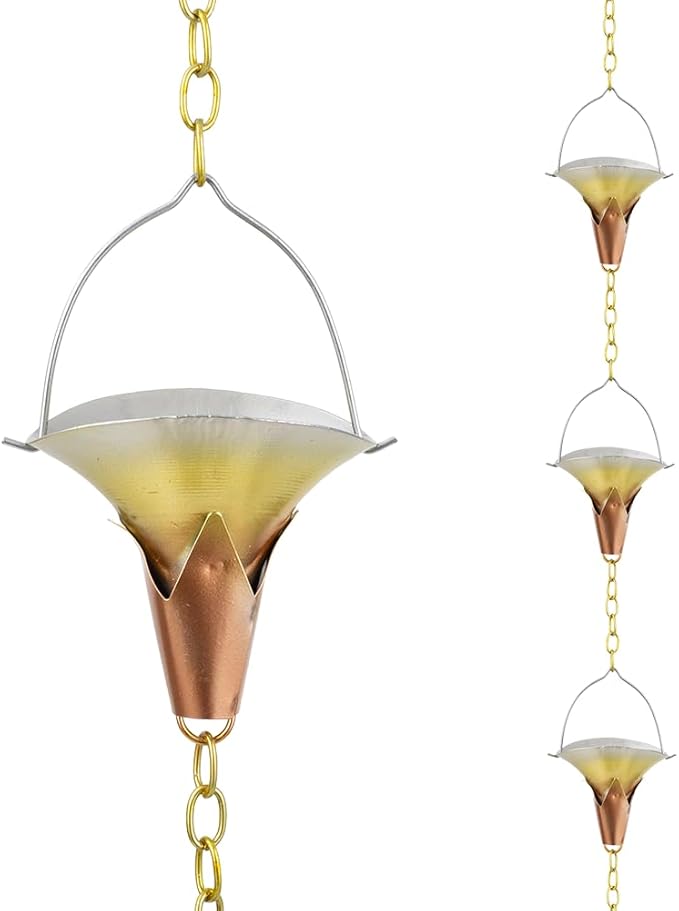 8.5 FT Rain Chain, Metal Rain Gutter Chains with 10 Morning Glory Shaped Cups, Adjustable Metal Rain Catcher Chain for Eaves Drainage, Replacement for Downspout