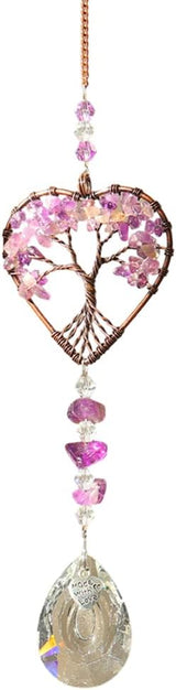 Suncatcher Window Hanging Tree of Life Heart Shaped Crystal Ball Prism Drop Ornament with Purple Rainbow Maker Pendant for Garden Home Decor Indoor Outdoor Windows 7in