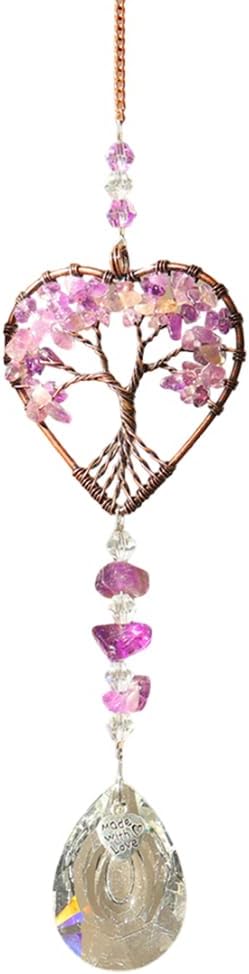 Suncatcher Window Hanging Tree of Life Heart Shaped Crystal Ball Prism Drop Ornament with Purple Rainbow Maker Pendant for Garden Home Decor Indoor Outdoor Windows 7in