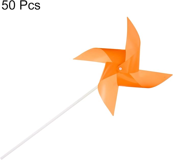 HARFINGTON 50pcs Windmills for The Yard Garden 15" x 7.5" 4 Leaves Pinwheels Wind Mills Spinners Windproof Waterproof Bird Devices with Stakes for Patio Decor, Orange