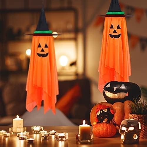Halloween Decorations, 2 Pack Orange Pumpkin Wizard Hat Pre-Installed Pumpkin Ghost Ghosts Witch Hanging Ornaments Decor for Home Party Garden Indoor Outdoor