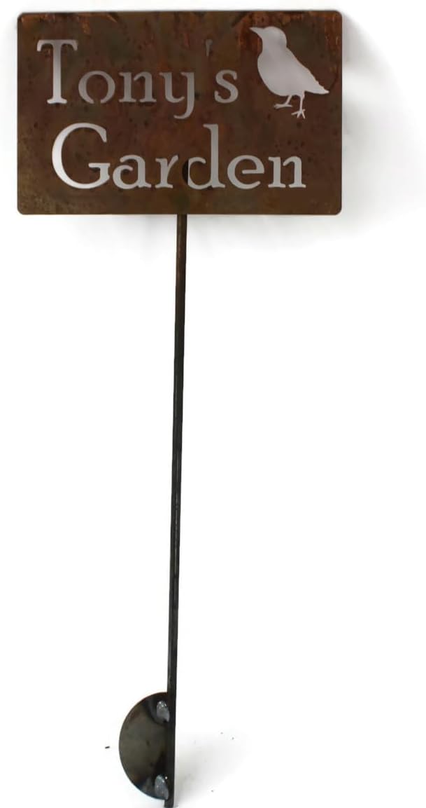 Classic Metal Garden Markers Clearance Items 20 to 33 Inches Tall (Tony's Garden w/bird 21", Naturally Rusted)