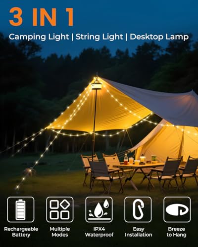 Camping String Lights - 32.8FT Retractable Rechargeable